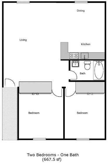 Floor plan for 2 beds, 1 bath, 733 sqft